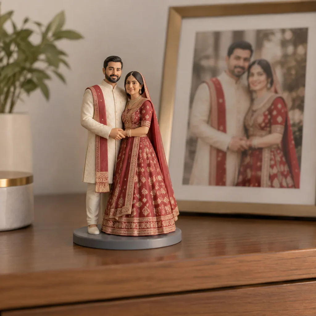 Wedding couple 3D figurine in lehenga and sherwani beside the couple's framed photo