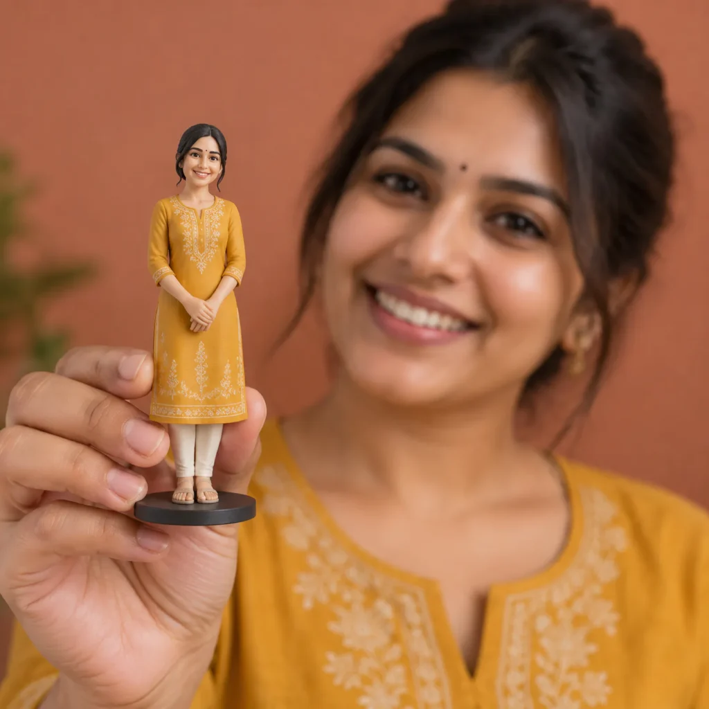 Woman holding a full-colour 3D printed figurine of herself in a mustard kurta