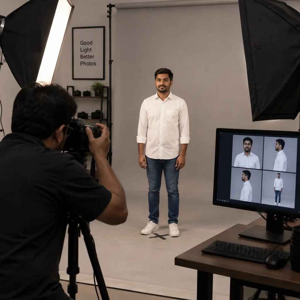 Photographer capturing front, side and full-length reference photos for a 3D figurine