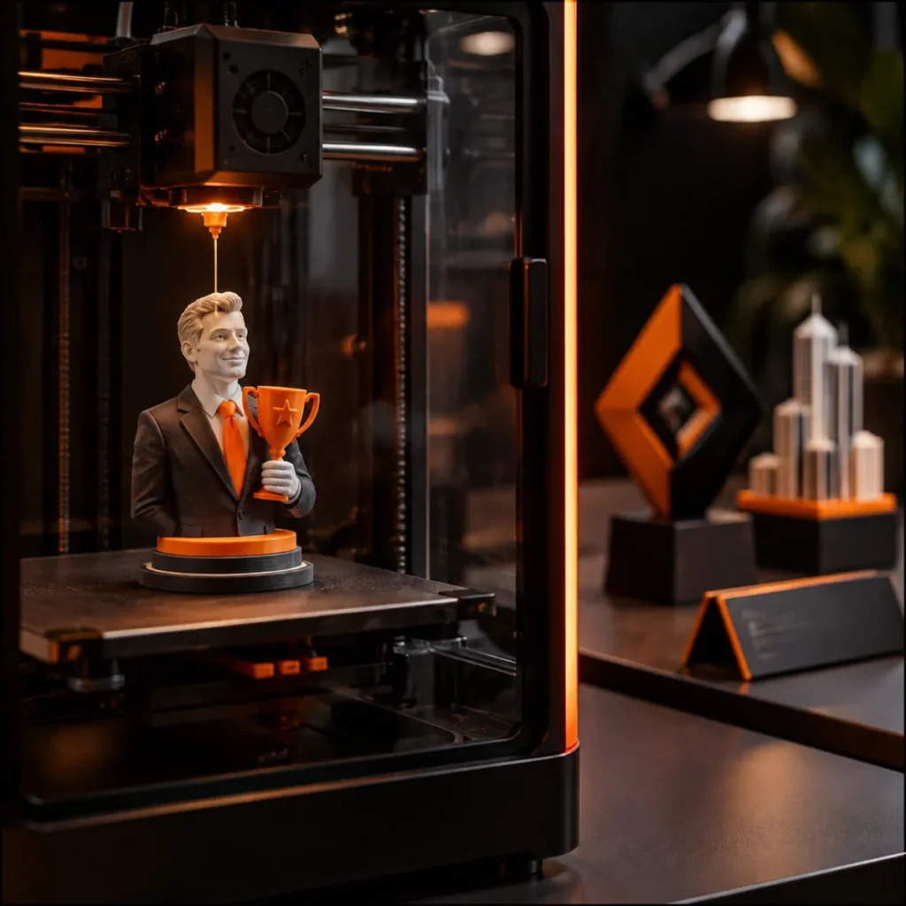 Enclosed 3D printer printing a custom corporate figurine holding a trophy