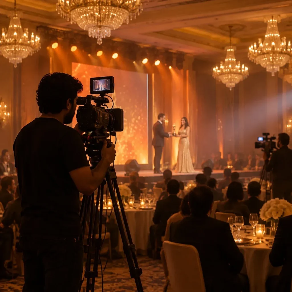 Videographer filming an awards presentation on stage in a chandelier-lit hotel ballroom