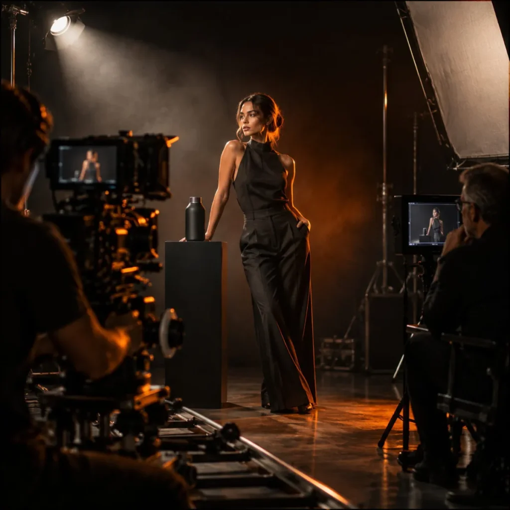 Film crew shooting a brand commercial with a model beside a product on a dark studio set