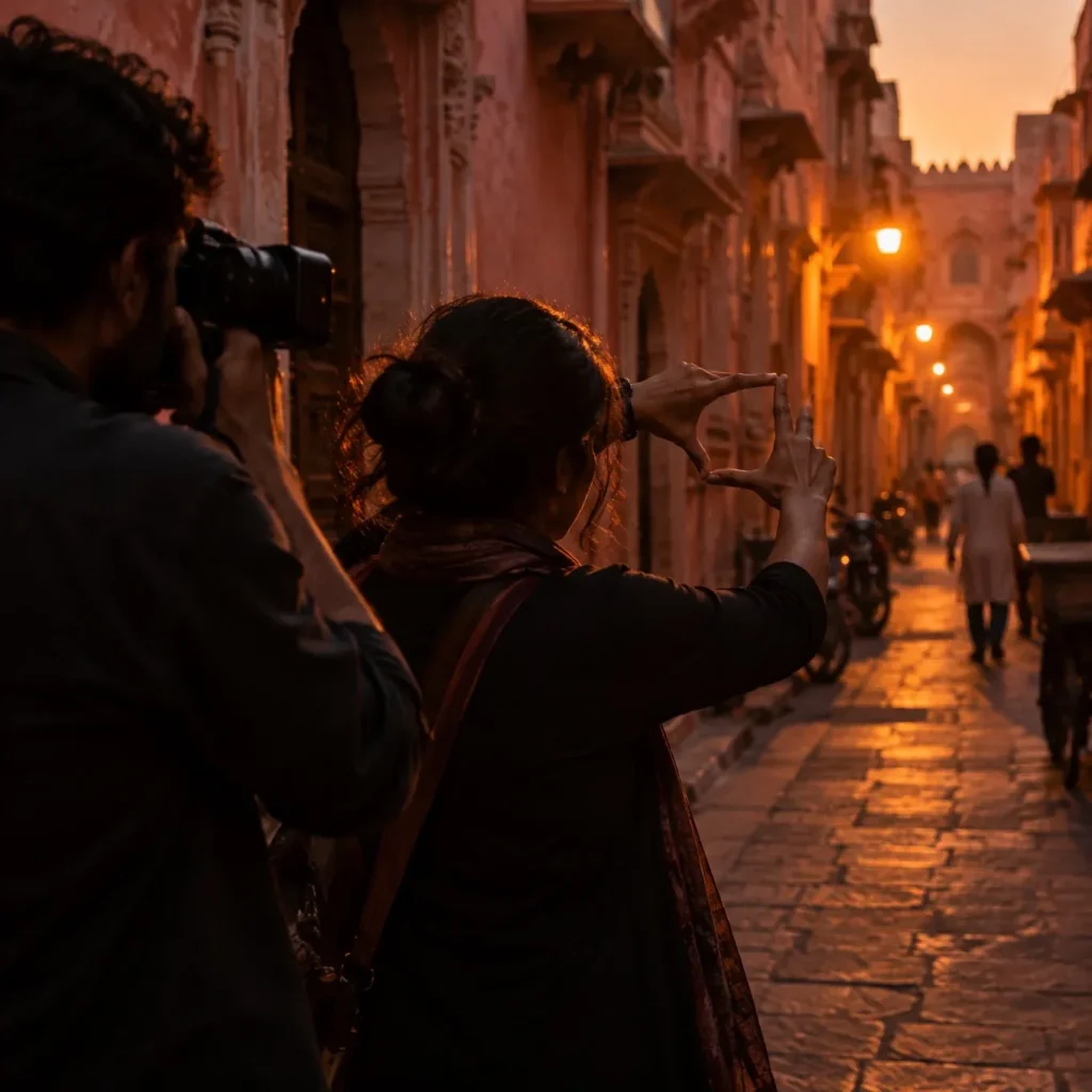 Director and cinematographer scouting a brand film location in a lane of Jaipur's old city
