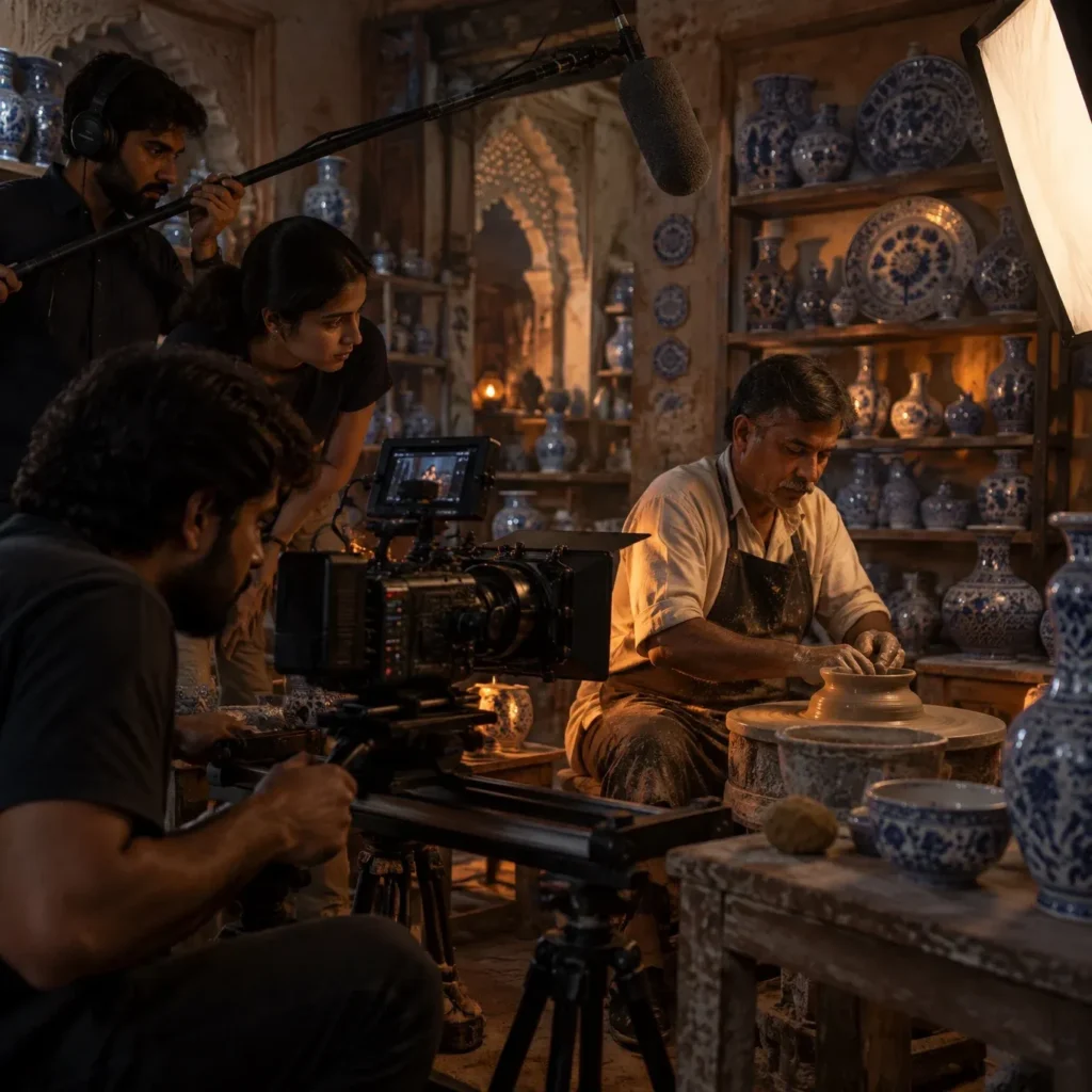 Film crew shooting a brand film with an artisan at a potter's wheel in a Jaipur blue-pottery workshop