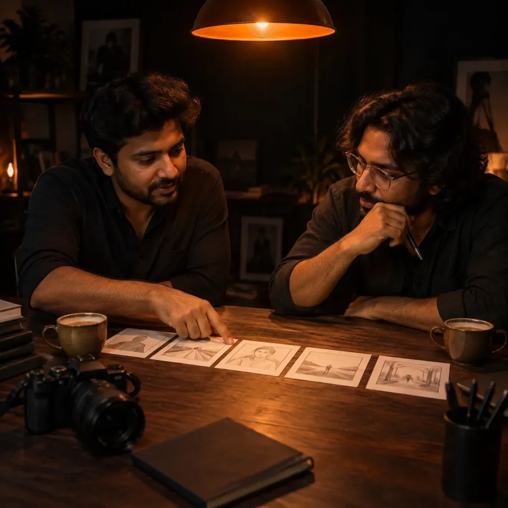 Founder and director planning a brand film over storyboard frames and chai