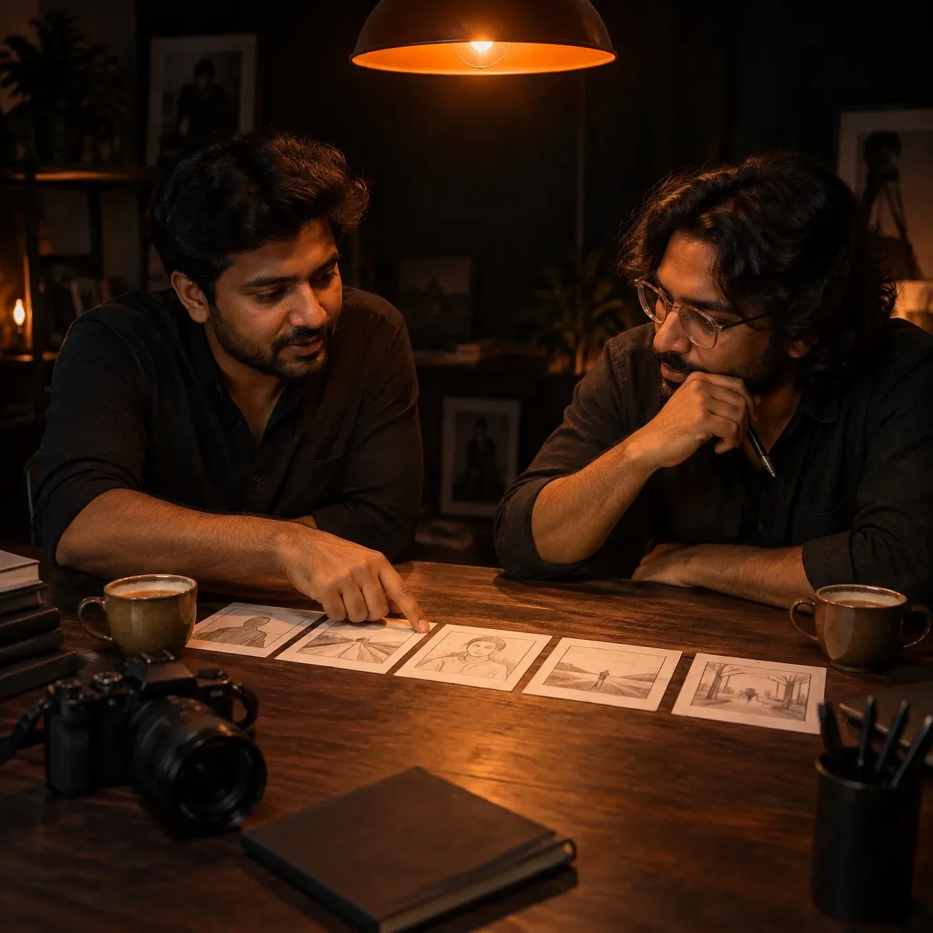Founder and director planning a brand film over storyboard frames and chai