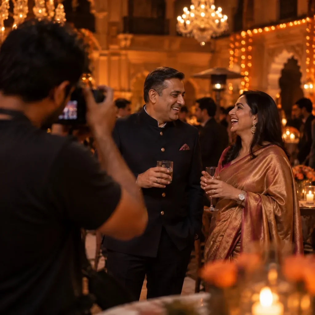 Photographer capturing two executives laughing at a corporate networking dinner in a Jaipur hotel