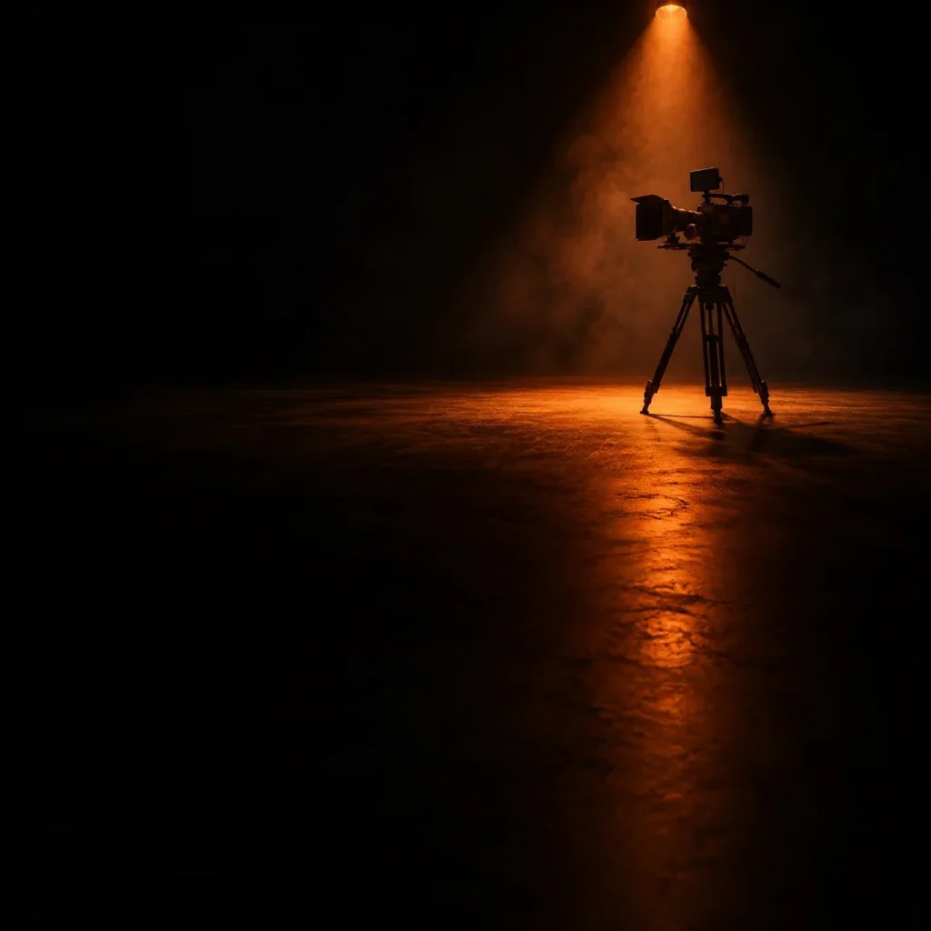 Cinema camera on a tripod under a single orange spotlight in an empty studio