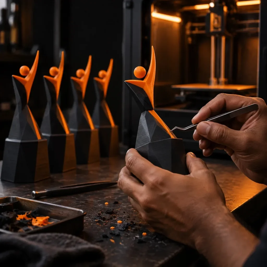 Craftsman finishing a batch of custom 3D-printed corporate trophies with tweezers