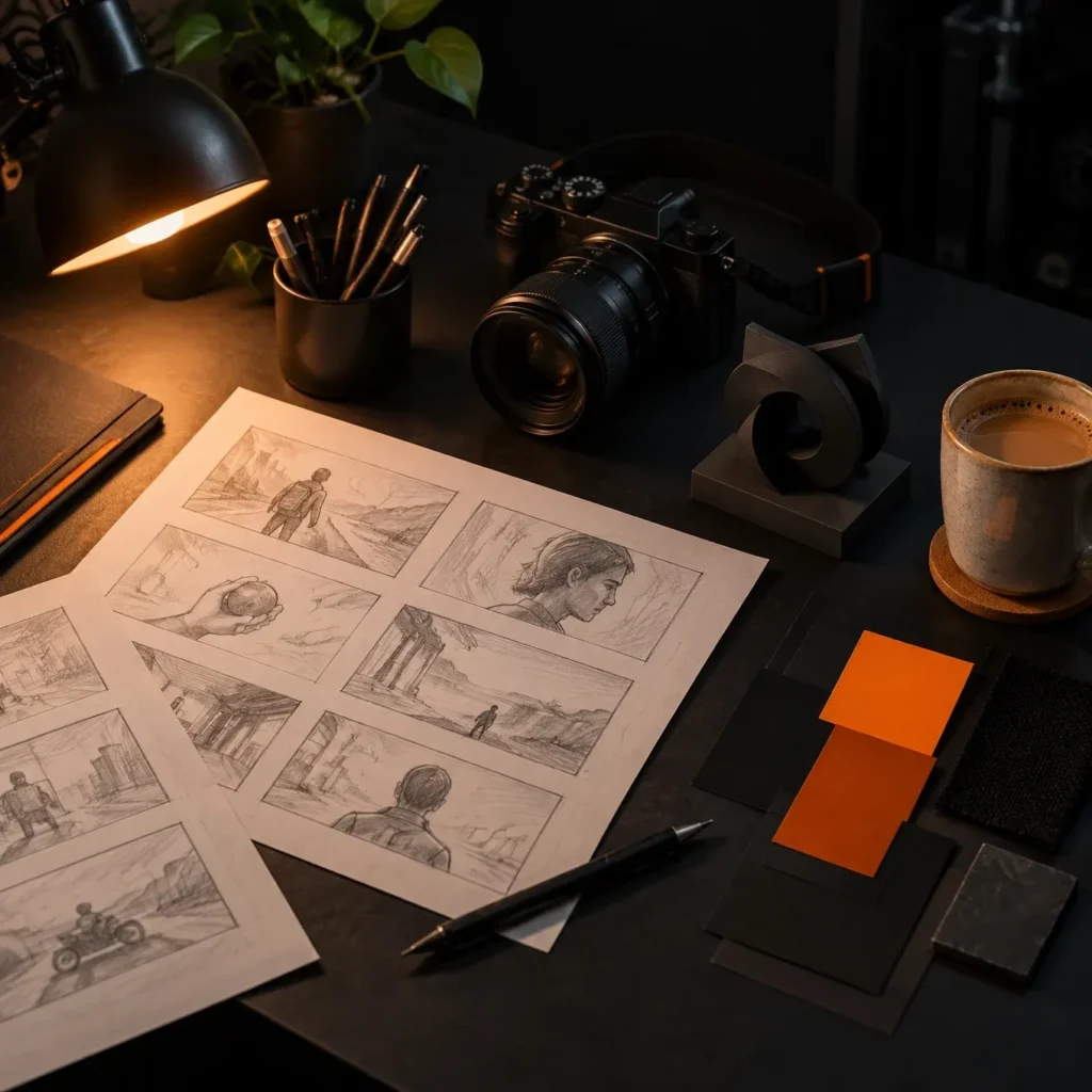 Storyboard sketches, a camera and orange colour swatches on a dark planning table