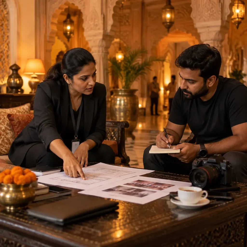 Event manager and lead videographer reviewing a run-of-show and floor plan in a heritage hotel lobby