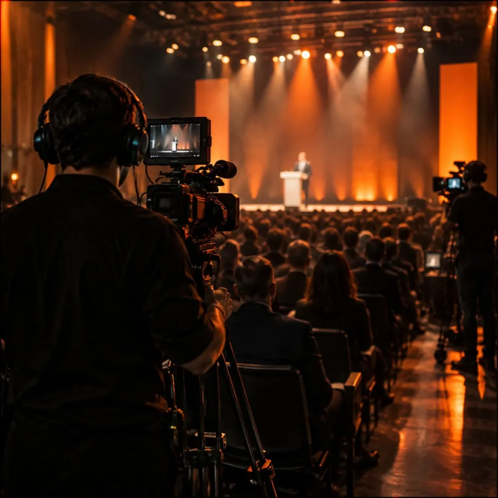 Multicam video crew filming a keynote speaker at a corporate event
