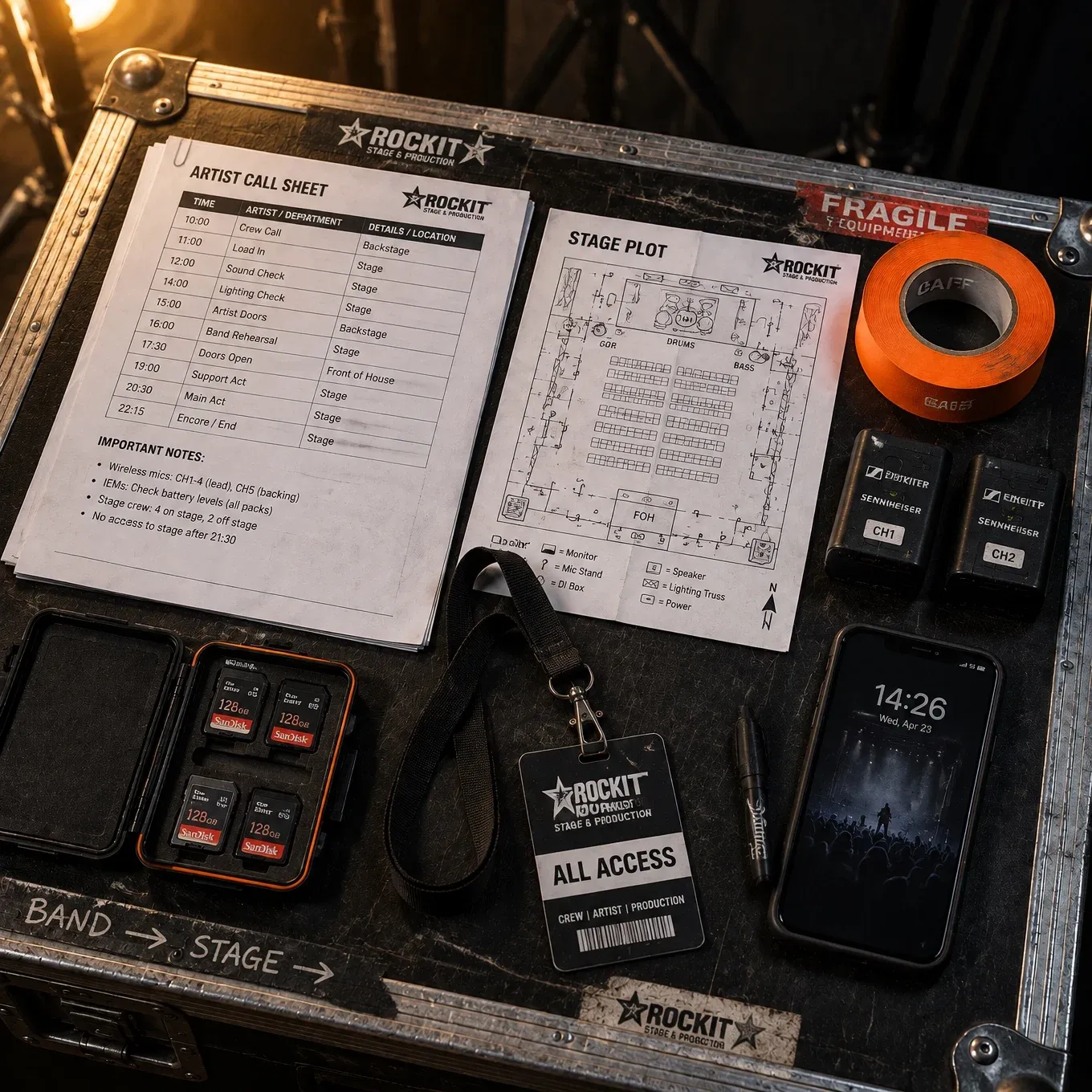 Event video prep laid out on a road case: run-of-show sheets, batteries, memory cards and gaffer tape