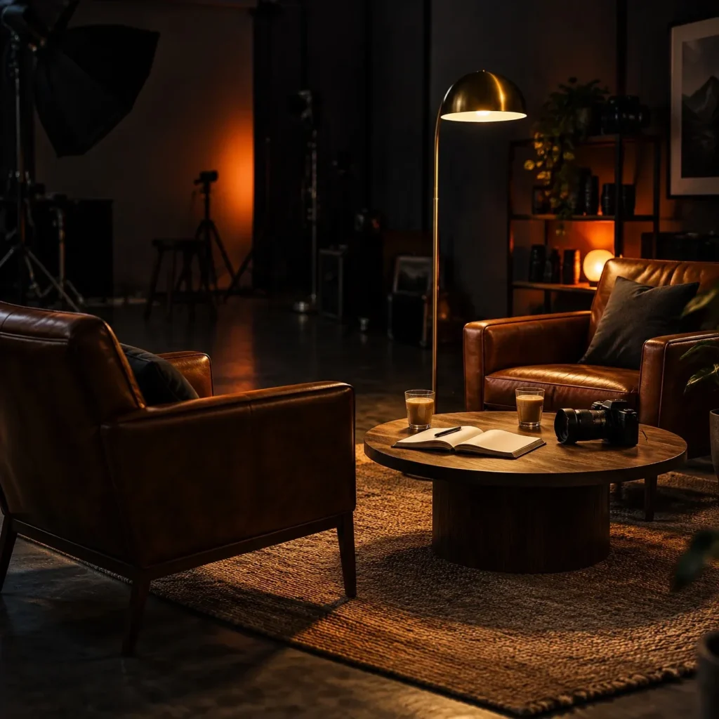 Studio meeting corner with two armchairs, chai and a camera on a low table