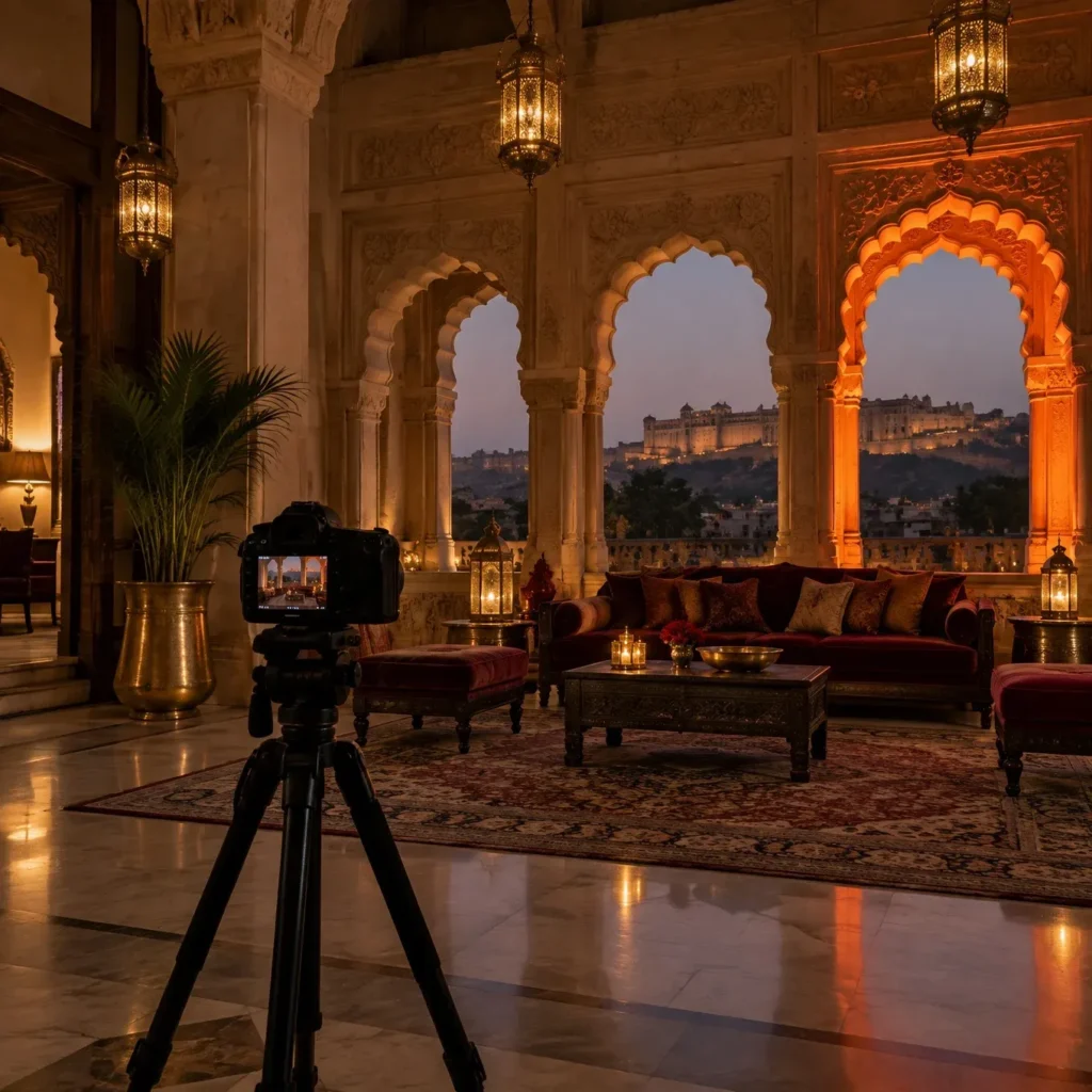 Camera on a tripod photographing a heritage hotel lobby with carved sandstone arches at dusk