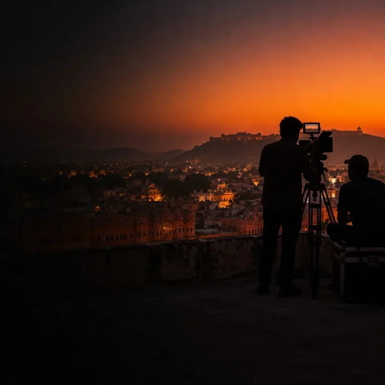 Illusionary Realm film crew with a cinema camera on a Jaipur rooftop at dusk