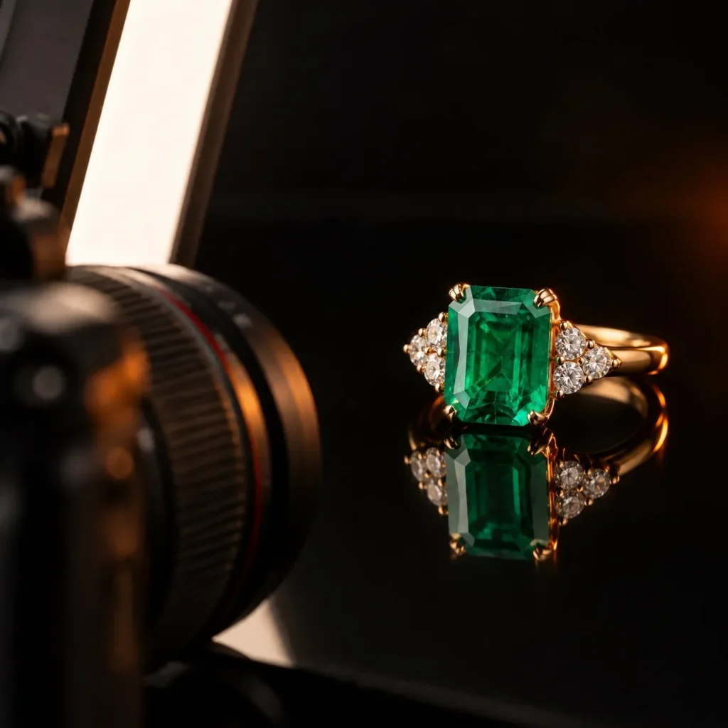 Macro product shoot of an emerald ring on black acrylic with a camera lens in the foreground