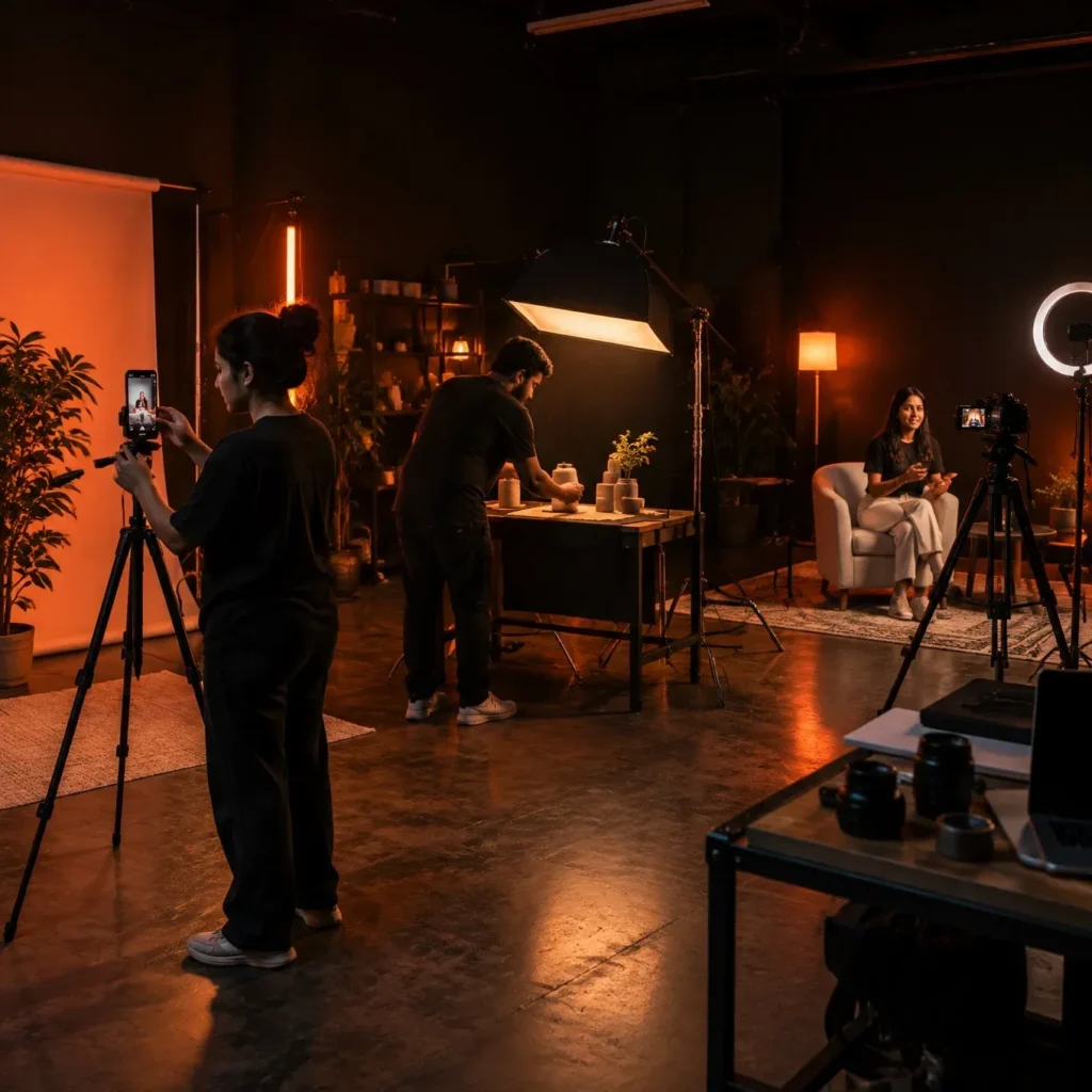 Crew running several content setups at once during a batch shoot day in a dark studio