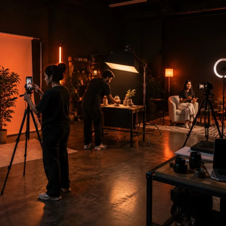 Crew running several lit content setups in a dark studio