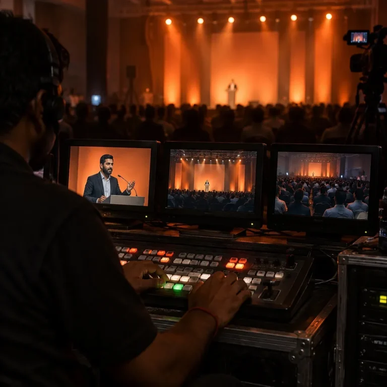 Live camera feeds on a multicam control desk at an event