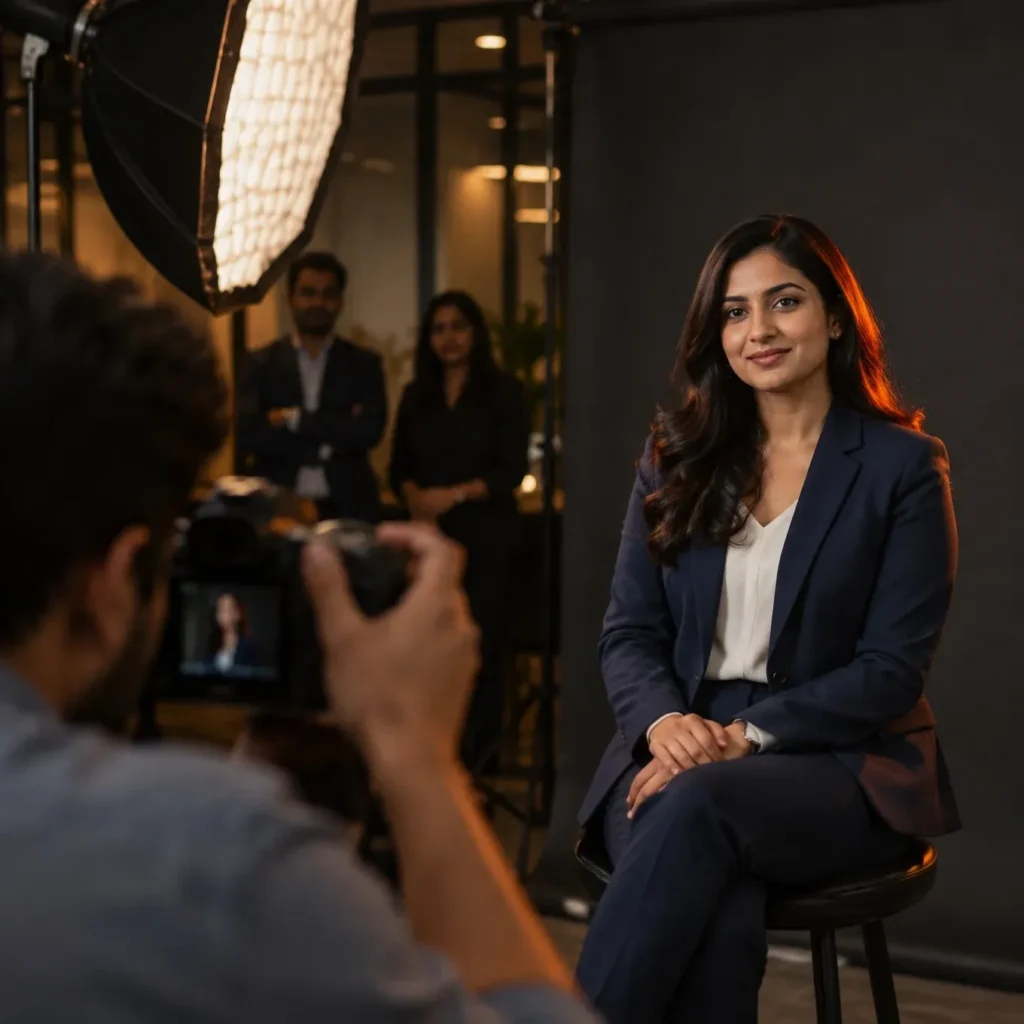 Photographer shooting a corporate headshot of a woman in a navy blazer in an office studio
