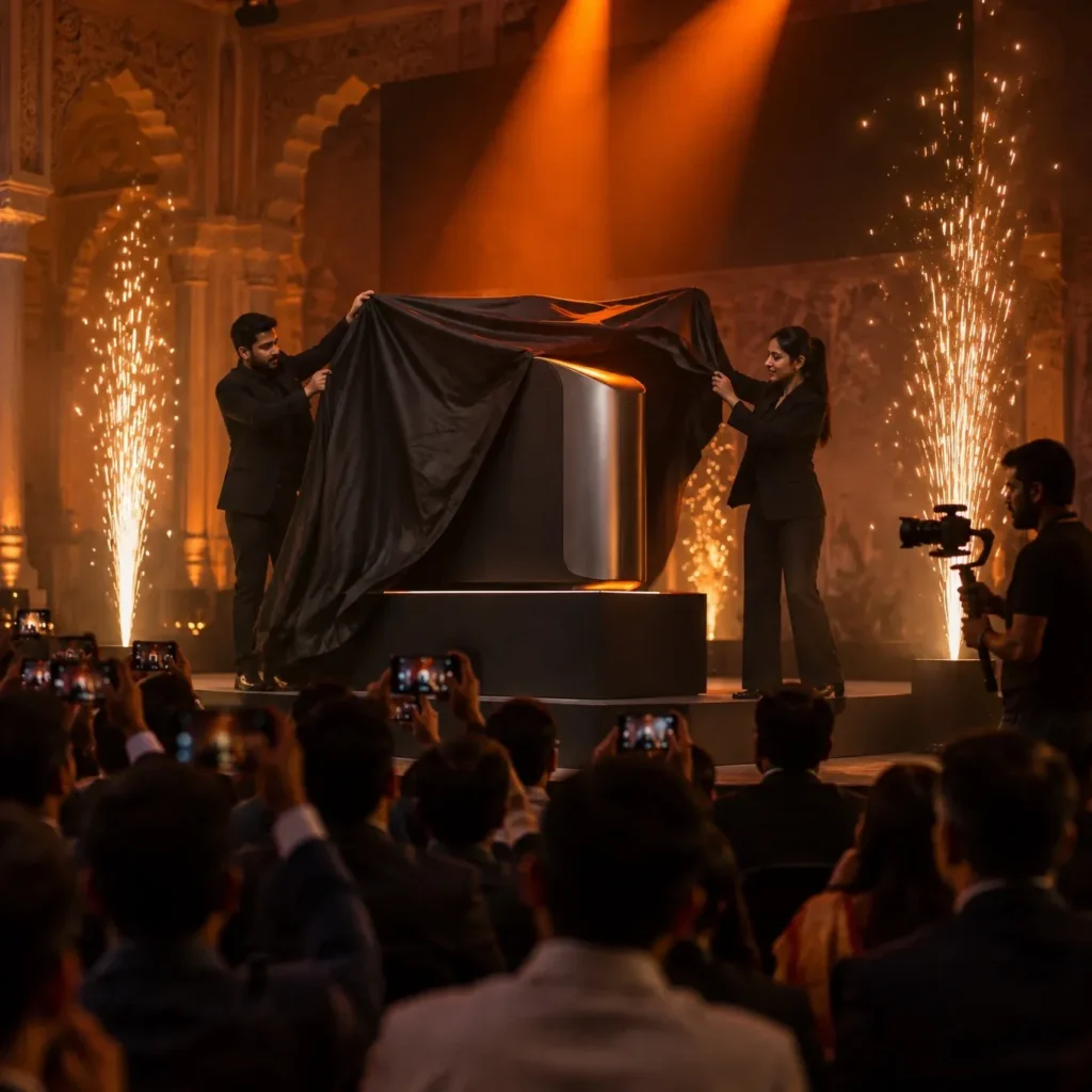 Product reveal on a dark stage with sparklers while the audience films on phones