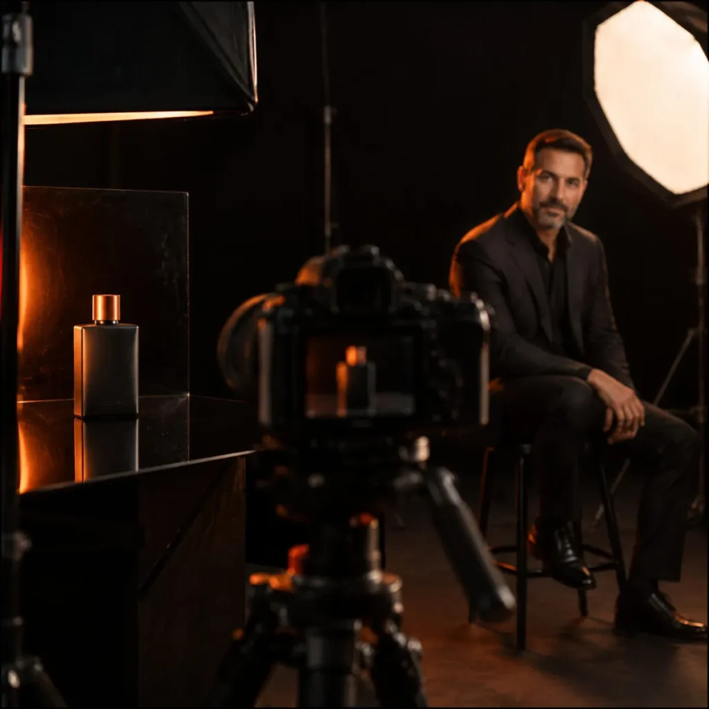Studio shoot with a camera framing a perfume bottle and a corporate portrait subject