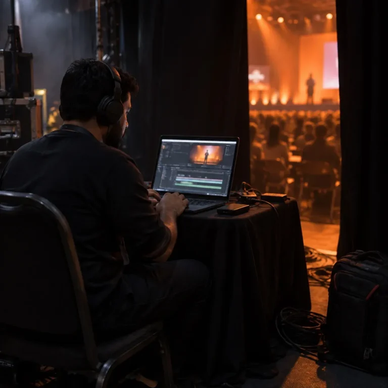 Editor cutting a same-day highlight reel backstage at an event