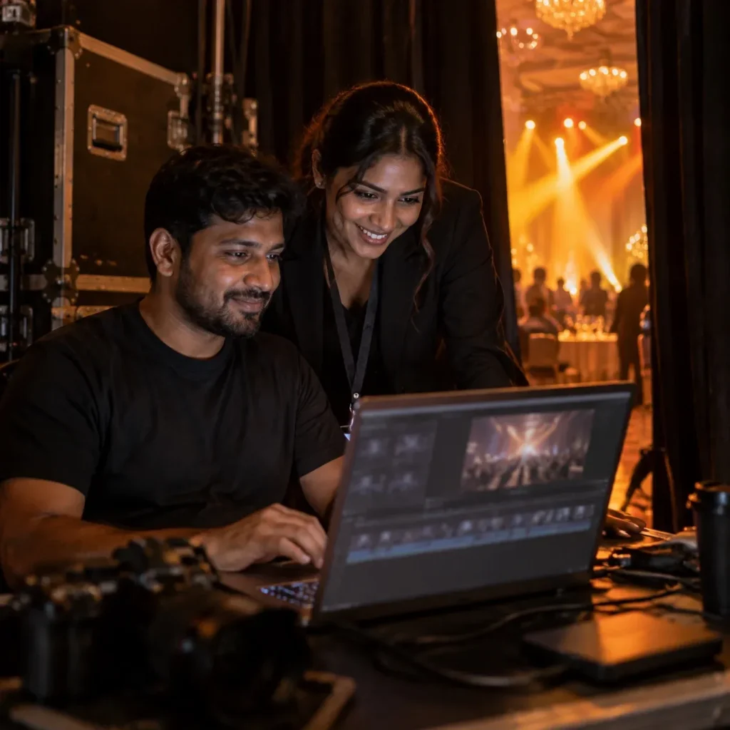 Same-day event recap being edited and reviewed on site