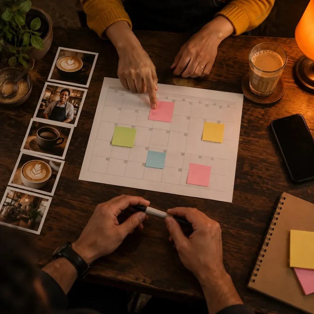 Hands planning a monthly social media content calendar with sticky notes and photo thumbnails