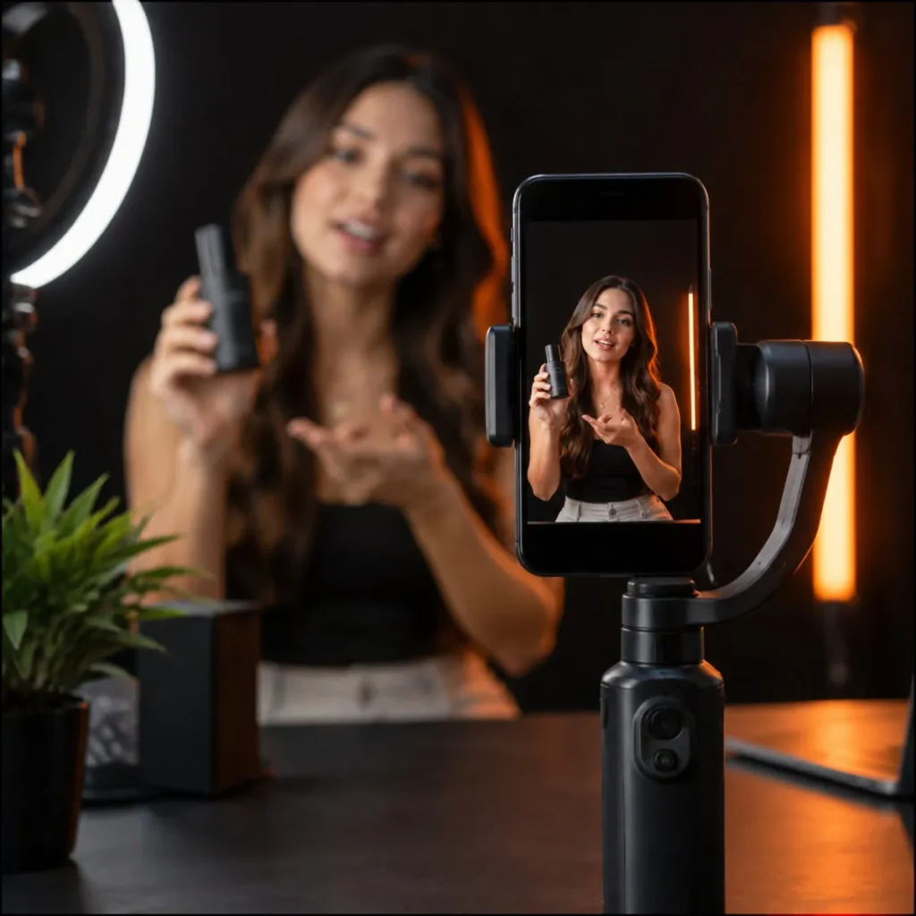 Creator filming a product review on a phone gimbal under ring and orange tube lights