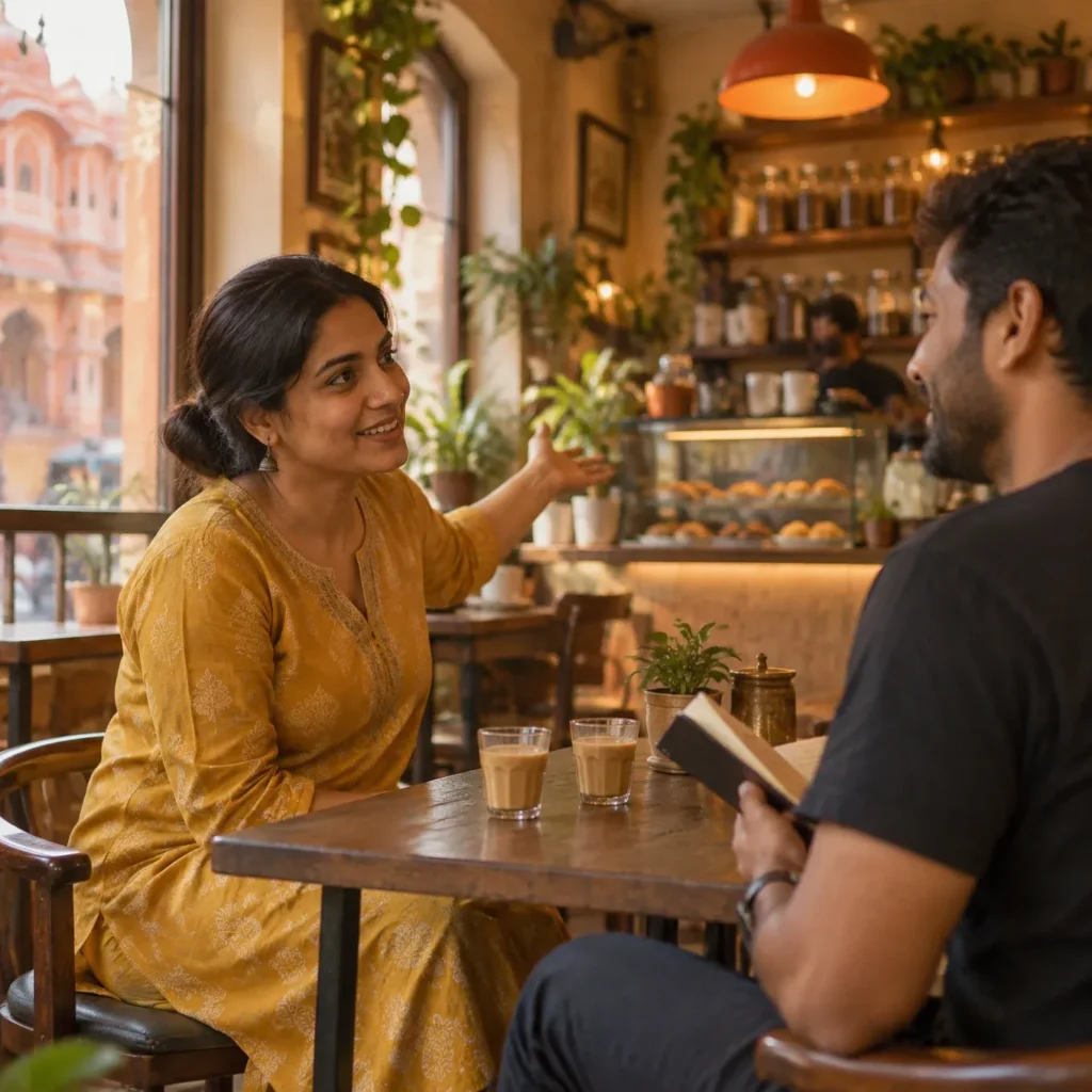 Café owner in a mustard kurta discussing her social media goals with a content producer over chai