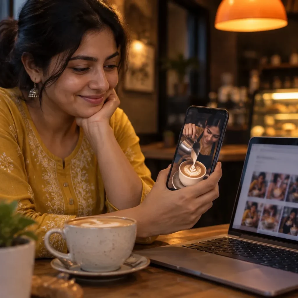 Café owner smiling at her finished vertical reel on her phone, with edited thumbnails on a laptop