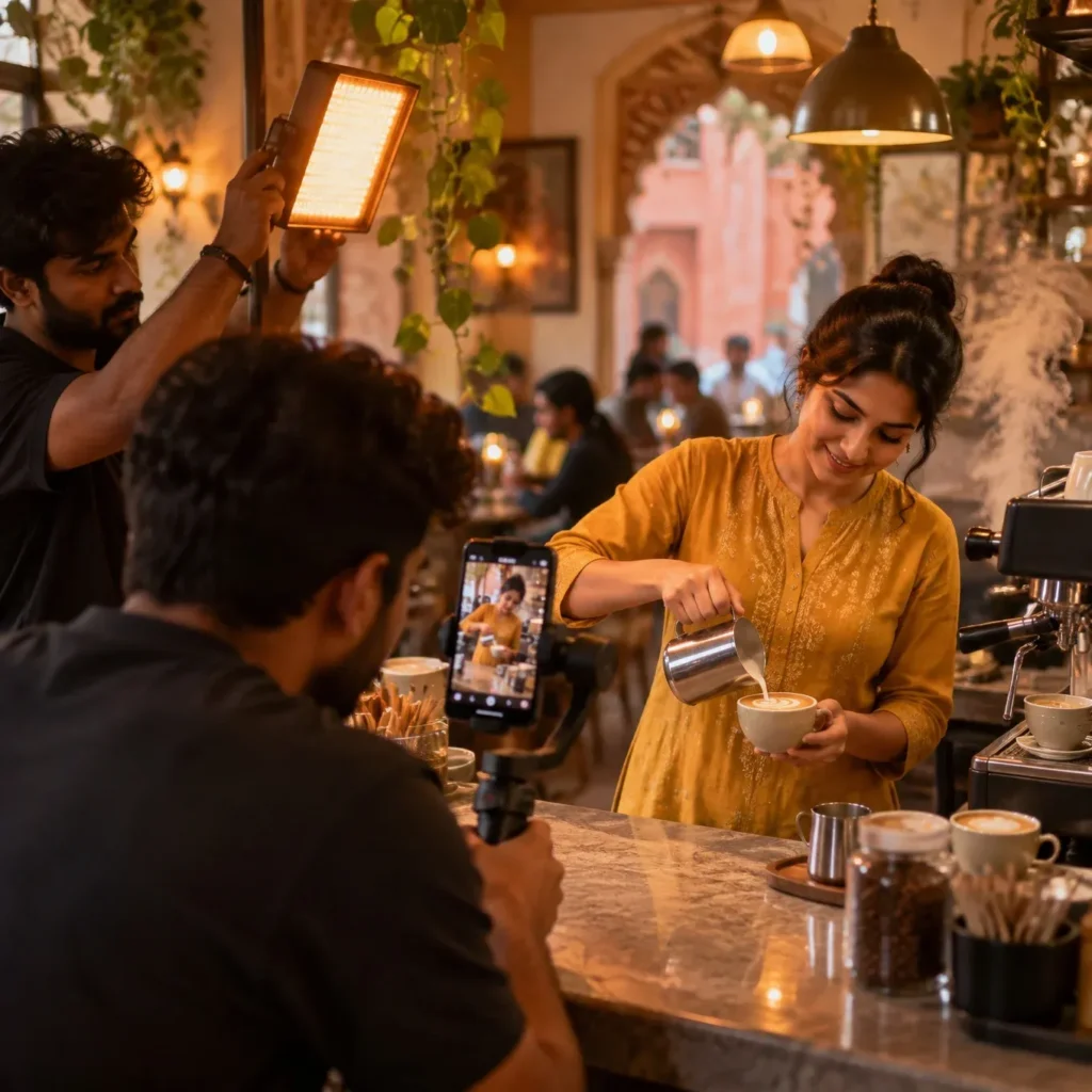 Videographer filming a café owner pouring latte art on a vertical phone gimbal with an orange LED light