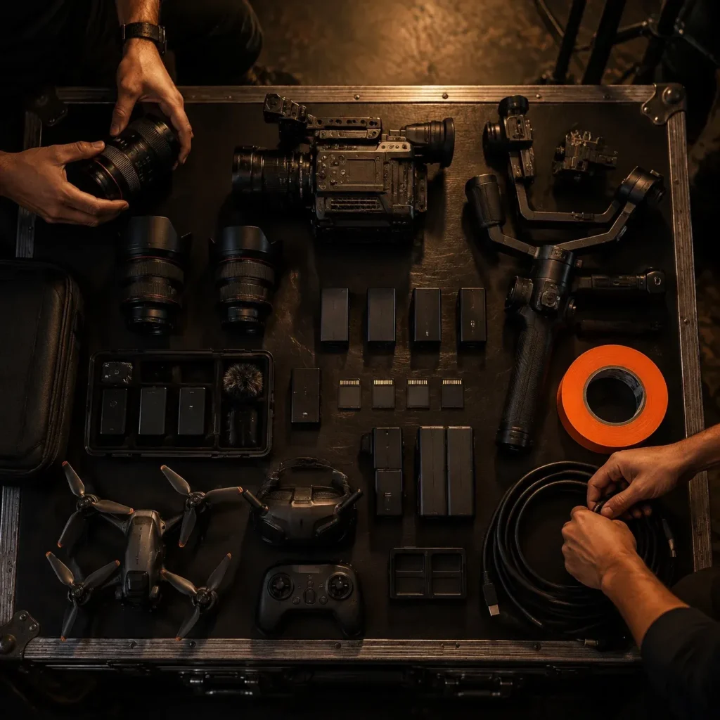 Crew hands preparing a cinema camera kit laid out on a road case before a shoot