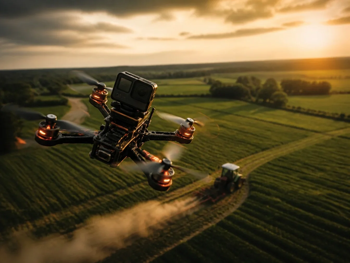 5-inch FPV drone carrying a GoPro over farmland