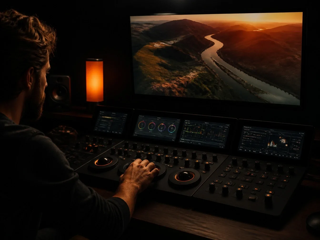 Drone footage being colour graded in an edit suite
