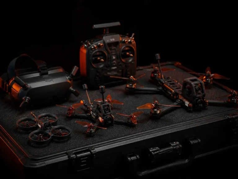Illusionary Realm FPV drone fleet laid out in a flight case with goggles and controllers