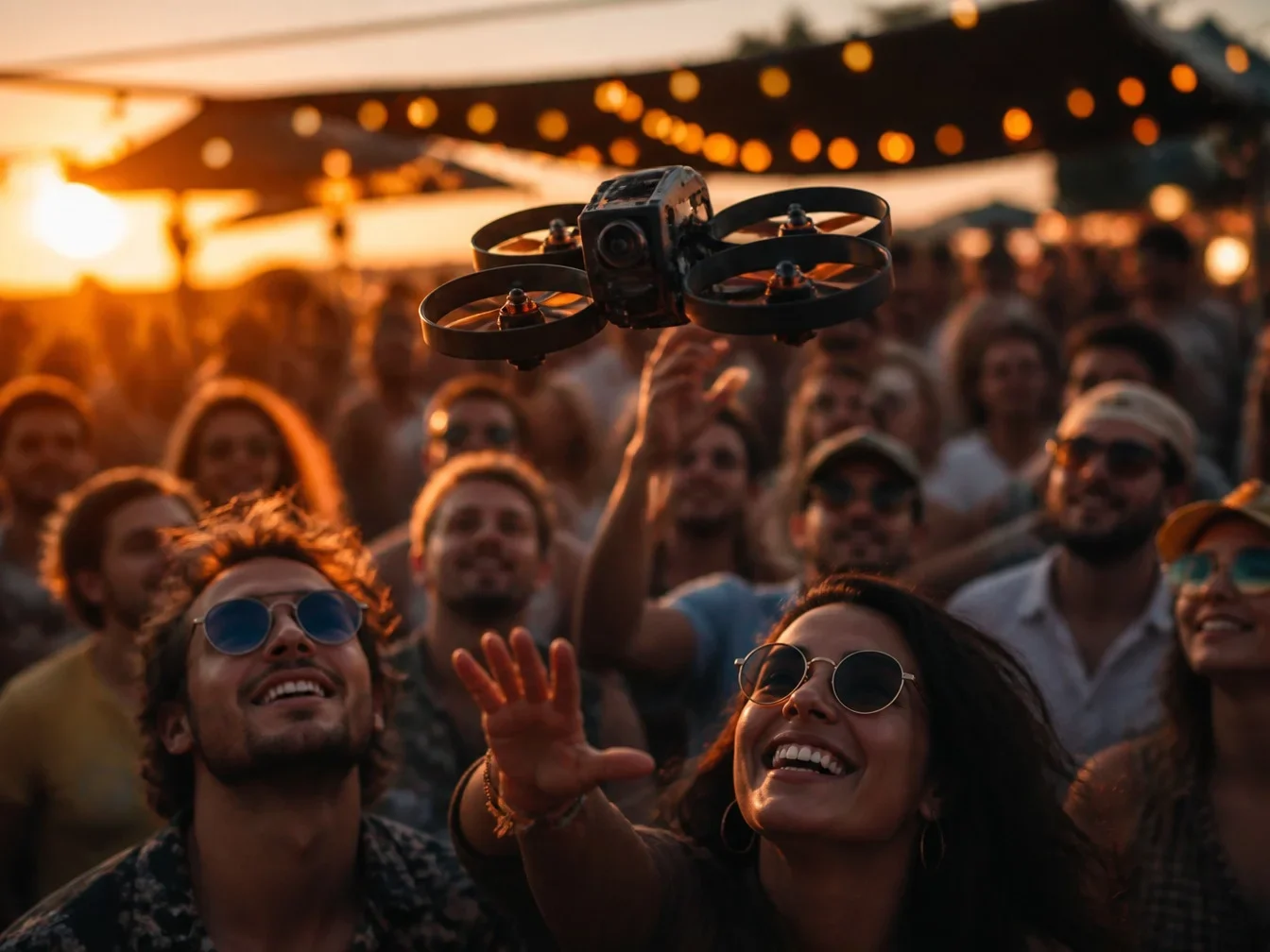 Small ducted FPV drone flying above a cheering outdoor event crowd