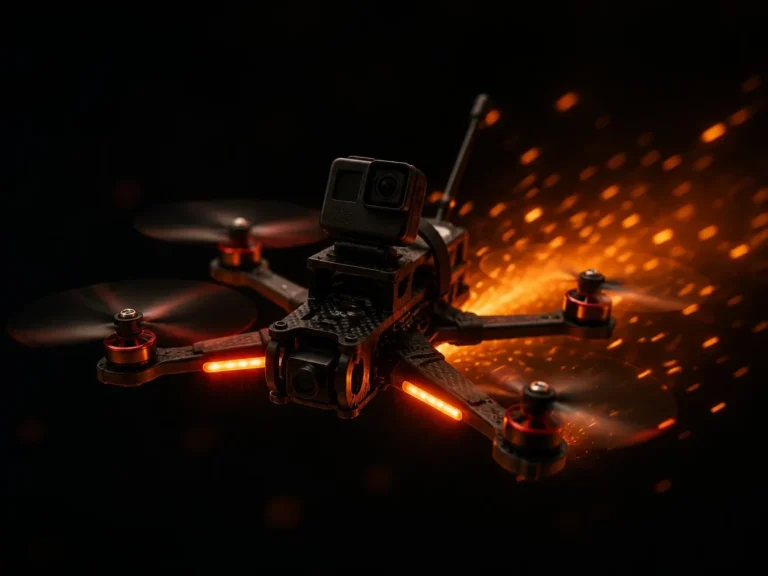 5-inch FPV drone with an action camera in flight, orange light trails