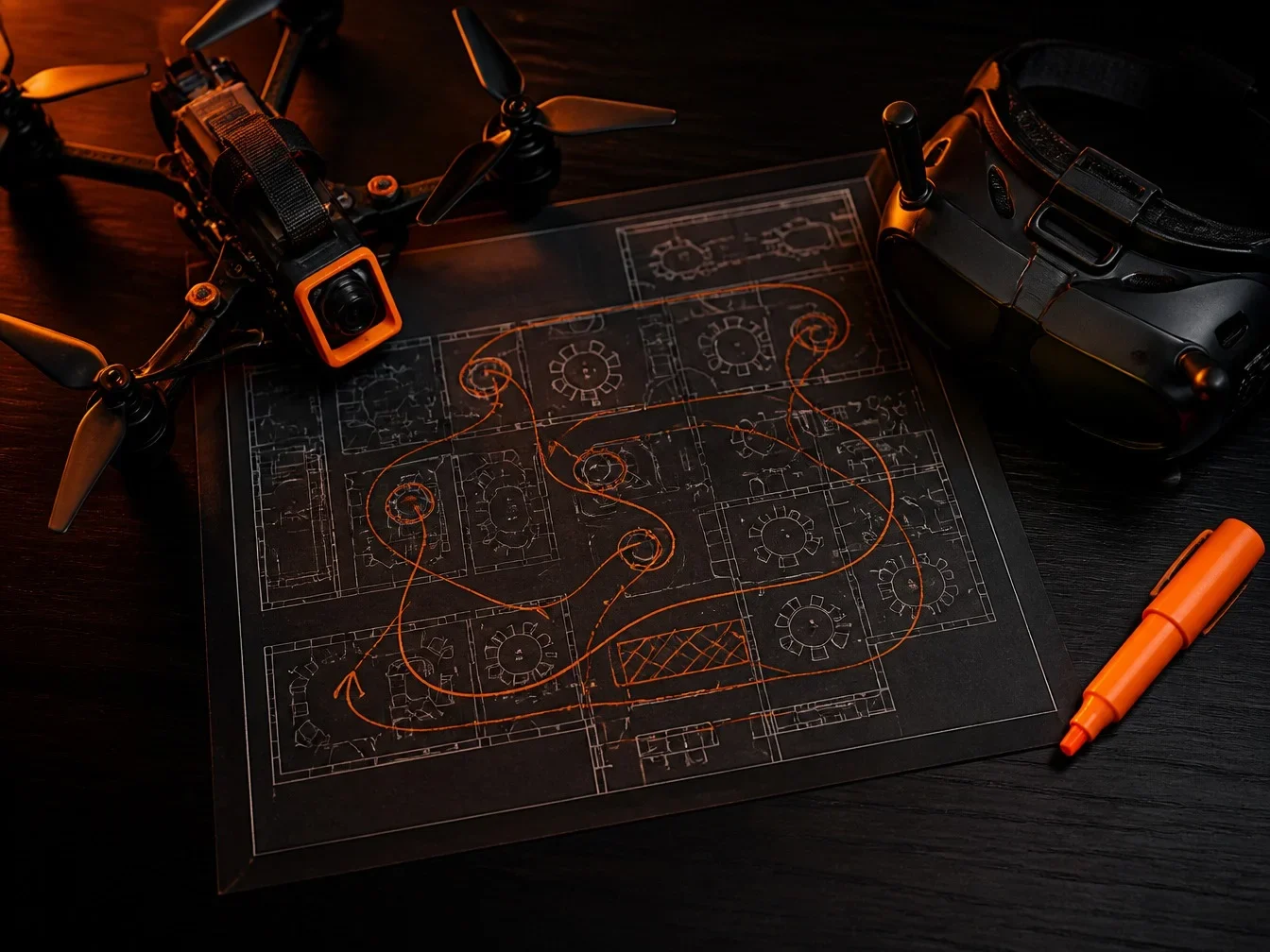 Venue floor plan with an FPV flight route marked in orange
