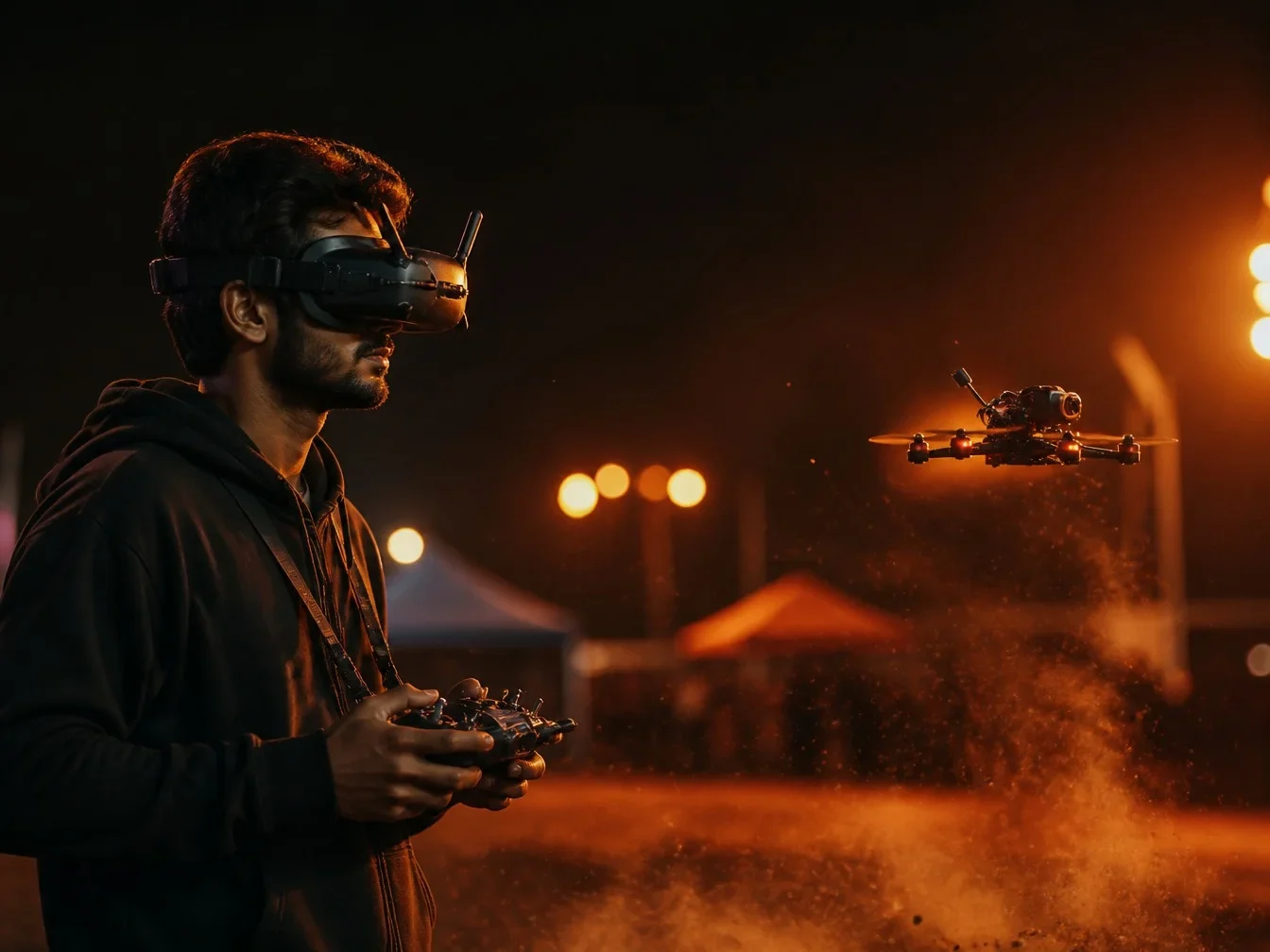 FPV pilot wearing goggles with a drone lifting off at an outdoor venue