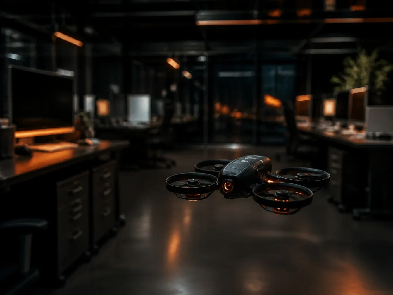Tiny whoop FPV drone flying through a dark modern office